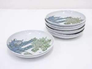 古物　印判手流水に菊図皿5客